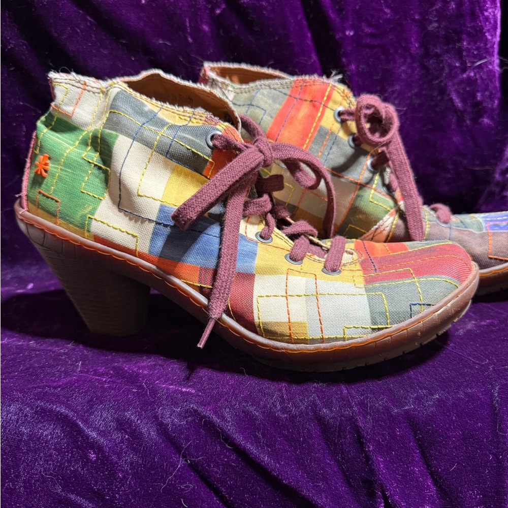 Red and Yellow Heeled Boots with Artistic Design